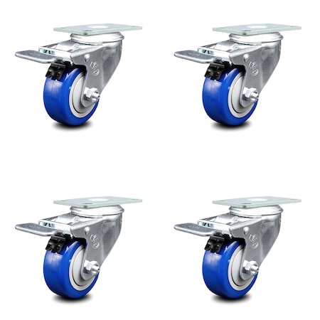 Service Caster 3.5 Inch Blue Polyurethane Swivel Top Plate Caster Set with Total Lock Brake SCC-TTL20S3514-PPUB-BLUE-4